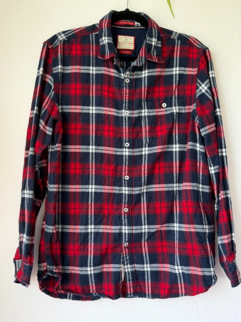 Denim & Flower Slim Fit Flannel Shirt Men’s Large Red Blue Plaid 100% Cotton